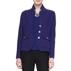 Eileen Fisher Blue Double-Knit Merino Wool Sweater Jacket Frayed Hem M